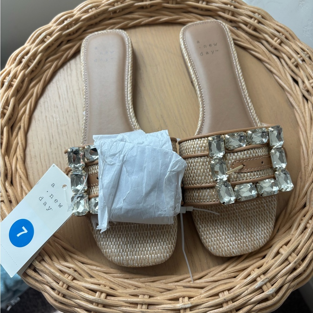 a new day Beige Crystal-Buckle Woven Slide Mules